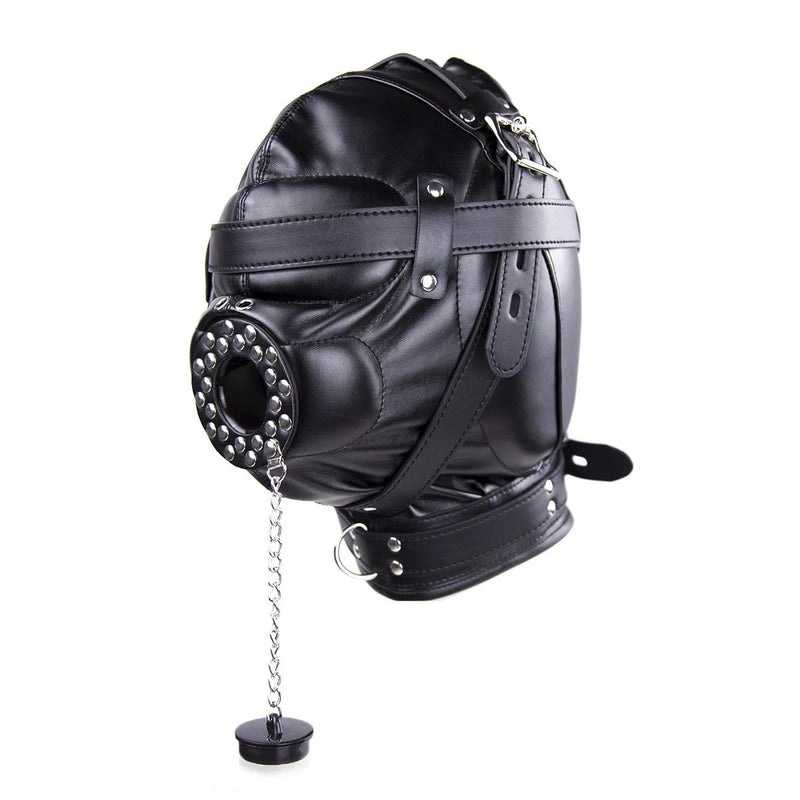 Deluxe Black Leather BDSM Hood with Gag and Chain