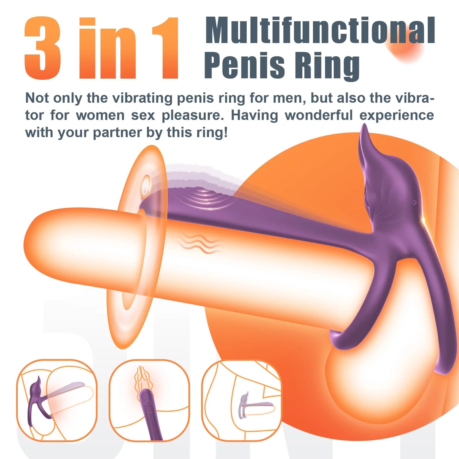 3 in 1 Multifunctional Penis Cock Ring with 10 Vibrating Modes