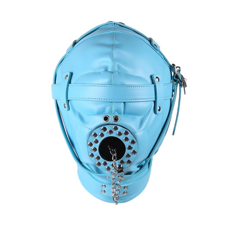 Deluxe Black Leather BDSM Hood with Gag and Chain