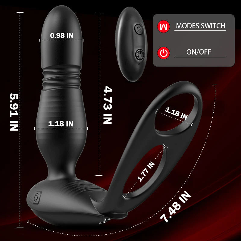 Alston Low Noise 10 Thrusting & Vibrating Double Cock Rings Silicone Prostate Massager