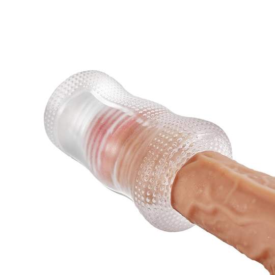 5.6” Clear Tapered Threaded Channel Male Masturbator - Lusty Time